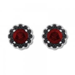 Garnet Earrings 1/10 ct tw Black Diamonds Sterling Silver