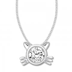 Diamond Solitaire Cat Necklace 1/4 ct Round-cut 10K White Gold