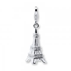 Eiffel Tower Charm White Enamel & Crystals Sterling Silver