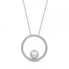 Cultured Pearl & White Lab-Created Sapphire Circle Necklace Sterling Silver 18"