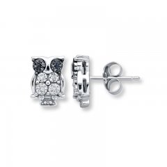 Young Teen Owl Earrings Black & White Diamonds Sterling Silver