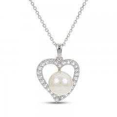 Cultured Pearl & White Lab-Created Sapphire Heart Necklace Sterling Silver 18"