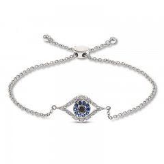 Blue Sapphire Evil Eye Bolo Bracelet 1/5 ct tw Diamonds Sterling Silver