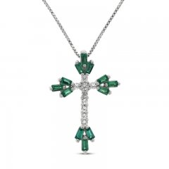 Lab-Created Emerald & White Lab-Created Sapphire Cross Necklace Sterling Silver 18"