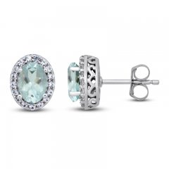 Aquamarine & White Lab-Created Stud Earrings Sterling Silver