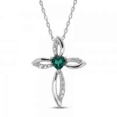 Lab-Created Emerald & White Lab-Created Sapphire Cross Necklace Sterling Silver 18"