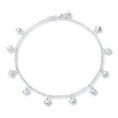 Puffed Heart Anklet Sterling Silver 10" Length