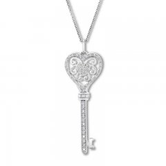 Diamond Heart Key Necklace 1/8 ct tw Round-cut Sterling Silver