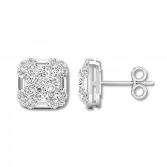 Diamond Earrings 7/8 ct tw Round/Baguette 14K White Gold