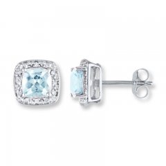 Aquamarine Earrings 1/10 ct tw Diamonds 10K White Gold