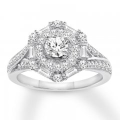 Diamond Engagement Ring 7/8 ct tw Round/Baguette 14K Gold