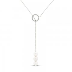 Cultured Pearl & White Lab-Created Sapphire Y Necklace Sterling Silver