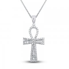 Diamond Cross Necklace 1/4 ct tw Round/Baguette 10K White Gold 18"