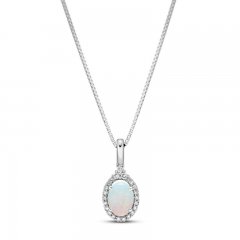 Opal & Diamond Necklace 1/6 ct tw Oval/Round-cut 10K White Gold 18"