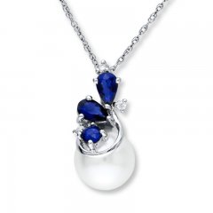 Cultured Pearl Necklace Sapphires/Diamonds 10K White Gold