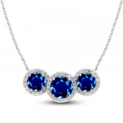 Blue/White Lab-Created Sapphire 3-Stone Halo Necklace Sterling Silver 18"