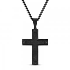 Men's Cross Necklace 1/20 ct tw Black Diamonds Stainless Steel/Black Ion Plating 24"