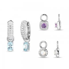 Amethyst, Aquamarine, Lab-Created Opal & White Lab-Created Sapphire Huggie Earrings Set Sterling Silver