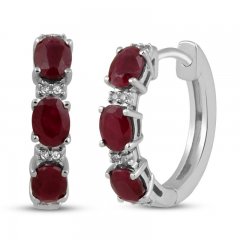 Natural Ruby Diamond Hoop Earrings 10K White Gold