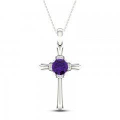 Amethyst & Diamond Cross Necklace 10K White Gold 18"