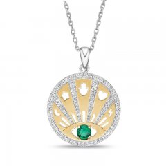 Lab-Created Emerald & White Lab-Created Sapphire Evil Eye Necklace Sterling Silver/10K Yellow Gold 18"