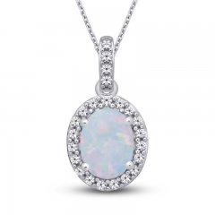 Lab-Created Opal & White Lab-Created Sapphire Necklace Sterling Silver 18"