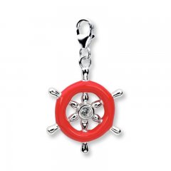 Ship's Wheel Charm Red Enamel & Crystal Sterling Silver