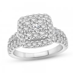 Diamond Engagement Ring 1-1/2 ct tw Round & Baguette-cut 14K White Gold