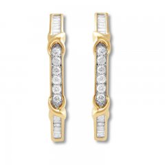 Diamond Hoop Earrings 1 ct tw Round/Baguette 10K Yellow Gold