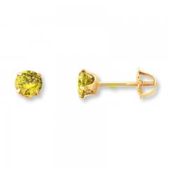 Children's Stud Earrings Green Cubic Zirconia 14K Yellow Gold