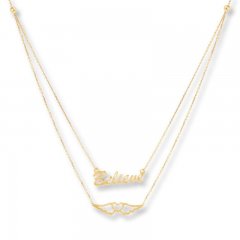 Believe & Winged Heart Layered Necklace 14K Yellow Gold