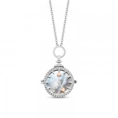 Disney Treasures 'Alice in Wonderland' Mother of Pearl Necklace 1/10 ct tw Diamonds Sterling Silver/10K Rose Gold 17"