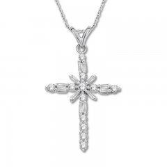 Diamond Cross Necklace 1/2 ct tw Round/Baguette 10K White Gold