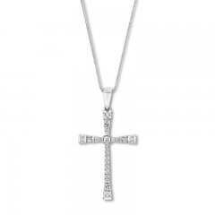 Diamond Cross Necklace 3/8 ct tw Round/Baguette 10K White Gold