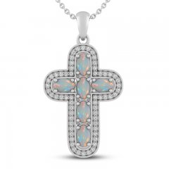 Lab-Created Opal & White Lab-Created Sapphire Cross Necklace Sterling SIlver 18"