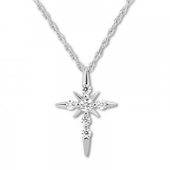 Diamond Cross Necklace 1/8 ct tw Round-cut 10K White Gold