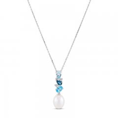 Cultured Pearl, Blue Topaz & White Topaz Necklace Sterling Silver 18"