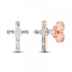 Diamond Cross Stud Earrings 1/5 ct tw Baguette/Round-Cut 10K Rose Gold