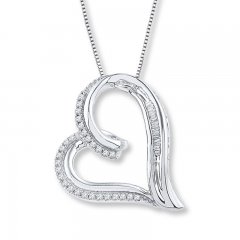 Diamond Heart Necklace 1/6 ct tw Round/Baguette Sterling Silver