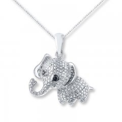 Elephant Necklace Black & White Diamonds Sterling Silver