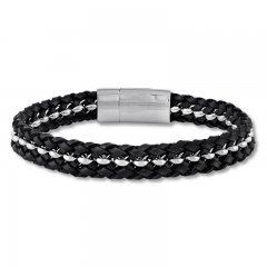 Men's Leather and Stainless Steel Bracelet 8.5" Length