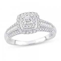 Diamond Engagement Ring 1/2 ct tw Round/Baguette 10K White Gold