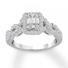 Diamond Engagement Ring 7/8 ct tw Baguette/Round 14K White Gold