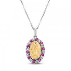 Lab-Created Ruby & White Lab-Created Sapphire Mary Necklace Sterling Silver/10K Yellow Gold 18"