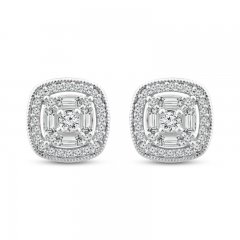 Diamond Stud Earrings 1/4 ct tw Round/Baguette Cut 10K White Gold