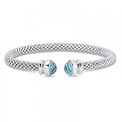 Blue Topaz Popcorn Mesh Cuff Bracelet Sterling Silver