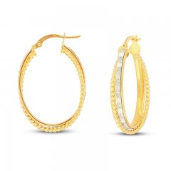 Italian Oval Glitter Hoop Earrings 14K Yellow Gold