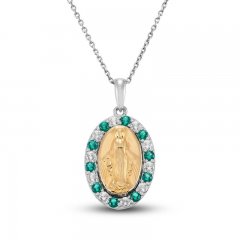 Lab-Created Emerald & White Lab-Created Sapphire Mary Necklace Sterling Silver/10K Yellow Gold 18"