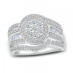 Diamond Flower Ring 1 ct tw Round & Baguette-cut 10K White Gold