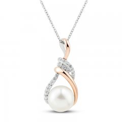 Freshwater Cultured Pearl & White Lab-Created Sapphire Necklace Sterling Silver/10K Rose Gold 18"